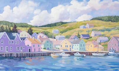 Obraz premium Colorful houses on a hillside overlooking a harbor.