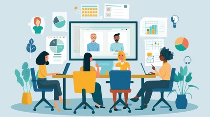 A digital illustration of a diverse team engaged in a video conference, surrounded by charts and data visualizations.