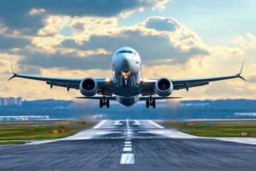 Naklejka premium A close-up of an airplane taking off, with the runway and sky in the background, symbolizing air travel