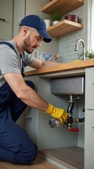 Professional plumber fixing kitchen sink pipes in modern home
