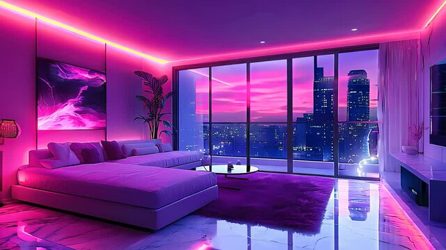  Modern bedroom interior with neon pink lighting large windows and a city skyline view at sunset creating a futuristic and luxurious ambiance