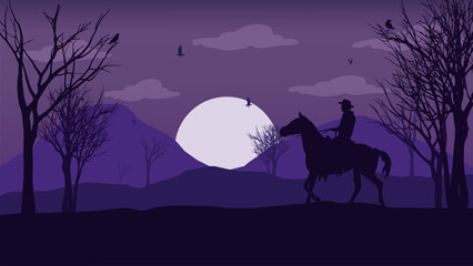 A Horse Rider Who Crosses a Deserted and Horror Area - Beautiful 2D Landscape Silhouette Wallpaper
