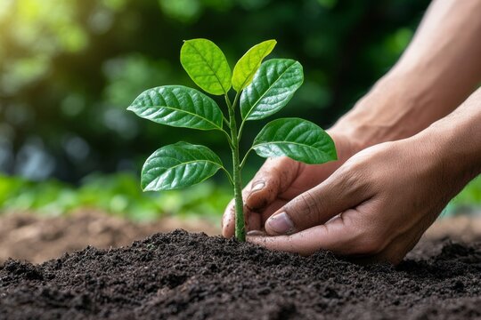 A close-up of hands planting a tree sapling, symbolizing environmental sustainability and reforestation efforts