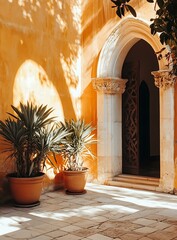 Fototapeta premium Ornate Doorway Entrance with Plants in Sunlight