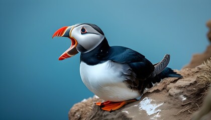 Razorbill perched on cliff edge with open beak against a vibrant blue sky