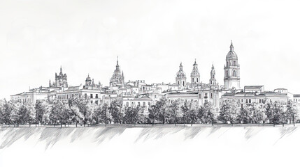 Fototapeta premium Valladolid, Spain, black and white pen pencil hand-drawn effect drawing illustration for travel poster, card, wallpaper, backdrop or banner. Modern, clear, artistic and simple