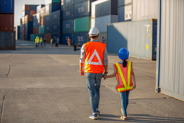 Business heir concept. Grandfather, Father and daughter are standing in Container cargo harbor. They are happy together because of successful into container for loading