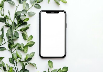 White Background Mockup with Green Leaves and Smartphone