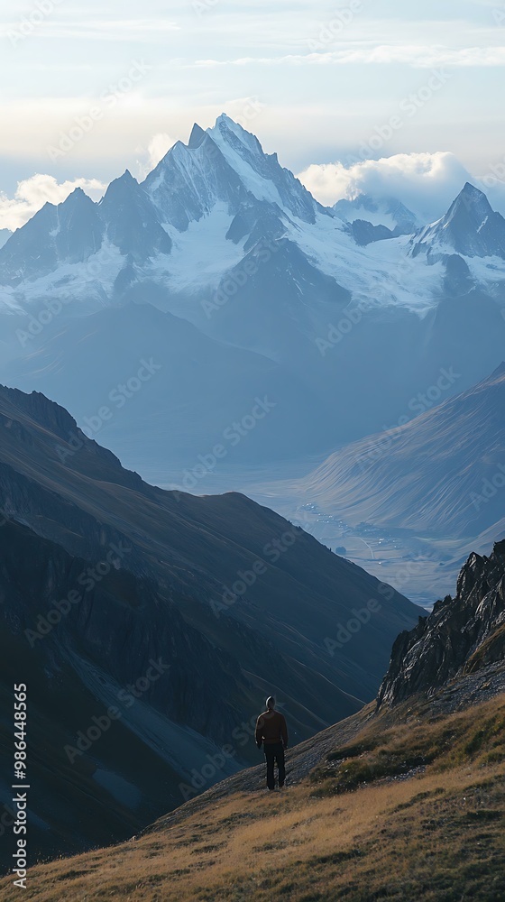 Wall mural Man Standing on Mountain Peak Looking at Mountain Range