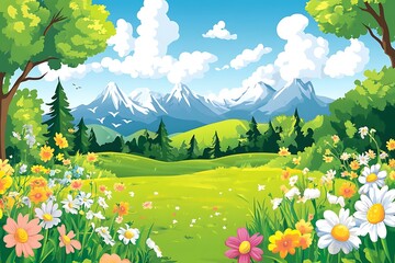 Fototapeta premium Beautiful Spring Meadow Landscape with Snowy Mountains
