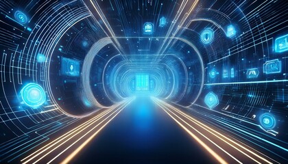 A neon tunnel filled with glowing digital icons and symbols. Abstract digital art for technology, data, or internet themes.