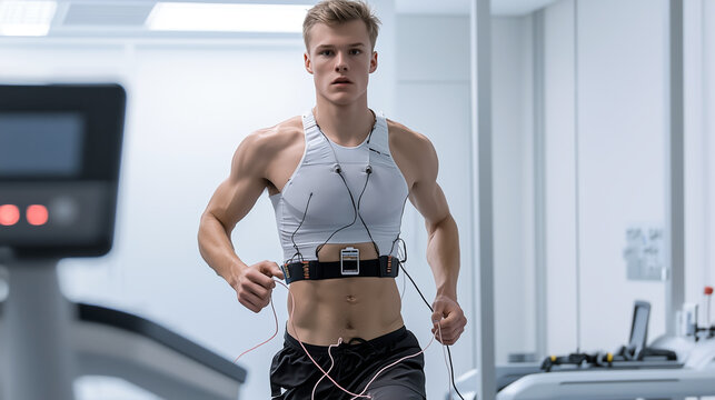 Athlete running on treadmill during a medical fitness test with biometric sensors for performance and health tracking in a modern white medical lab