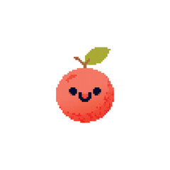 Pixelated smiling fruit icon. Cute pixel art of a red fruit with a happy face and green leaf.