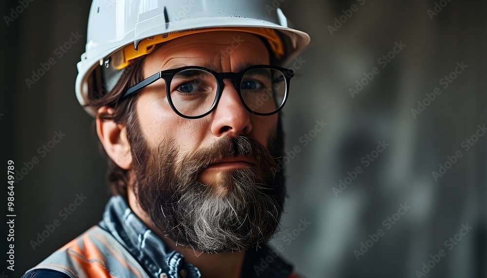 Wall mural bearded construction worker in helmet and glasses showcasing rugged determination