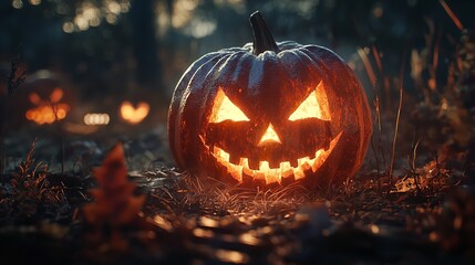 Naklejka premium A pumpkin with a scary face is lit up by candles