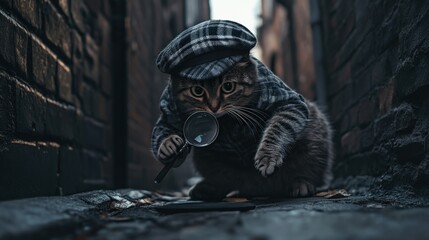 A meticulous cat detective, dressed in a checkered outfit, prowls a cobblestone alley, magnifying glass in paw, uncovering mysterious clues at dusk