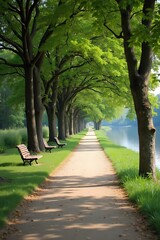 Obraz premium Scenic Pathway Lined with Trees and Benches Along a Tranquil River