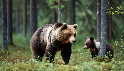 Playful European brown bear cubs frolicking in the enchanting Finnish woods with their mother