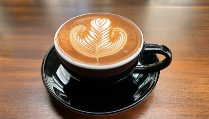A perfectly crafted latte with intricate latte art in a black cup on a wooden table.