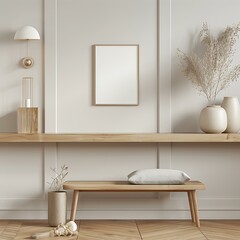 Minimalist Living Room Interior Design with Wooden Bench and Empty Picture Frame