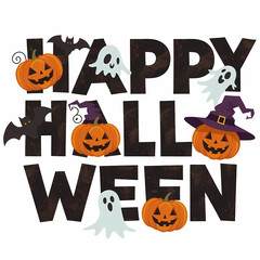 Happy Halloween poster template with pumpkins, spooky creatures elements on abstract background, graphic design illustration wallpaper 