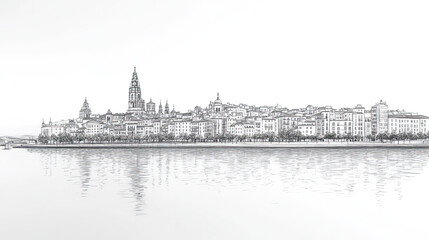 Obraz premium Vigo, Spain, black and white pen pencil hand-drawn effect drawing illustration for travel poster, card, wallpaper, backdrop or banner. Modern, clear, artistic and simple