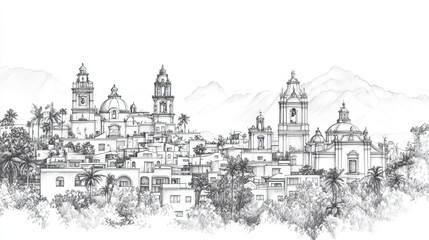 Villa Canales, Guatemala, black and white pen pencil hand-drawn effect drawing illustration for travel poster, card, wallpaper, backdrop or banner. Modern, clear, artistic and simple