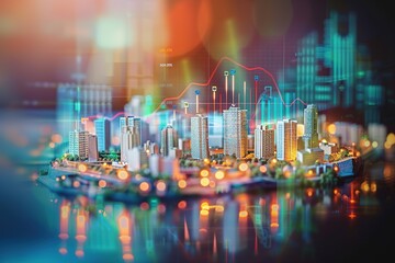Miniature city with bright data analysis graphs, technology conc