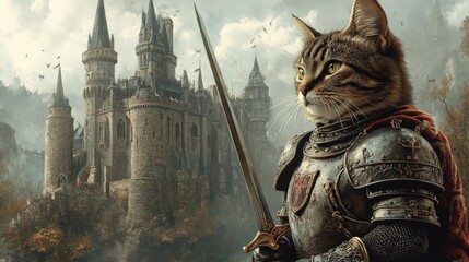 Fototapeta premium A noble-looking cat, clad in shining medieval armor, holds a sword and gazes confidently at a majestic castle in the background, surrounded by colorful autumn foliage