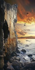 The Old Concrete Wall With Cracks Facing The Sea During Sunset