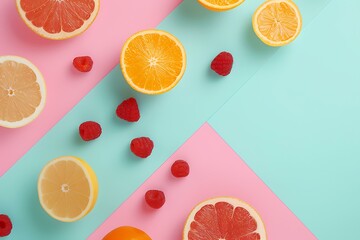 Fresh Citrus Fruit and Raspberries on a Pink and Blue Background