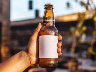 Photo of a beer bottle mockup; Afro-American hand holds it outdoors; warm weather, sunset background