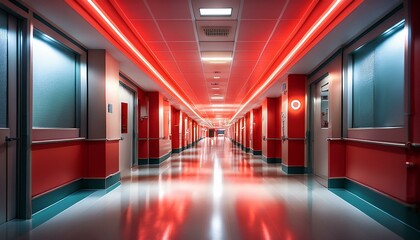 A red light illuminates a hospital corridor, signaling an emergency. The hallway is blurred in the background, highlighting the urgency of the situation.