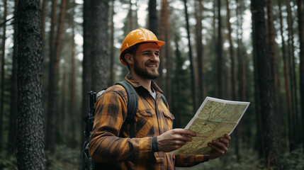 A lumberjack utilizing a digital mapping tool for navigation in a dense forest during daylight hours