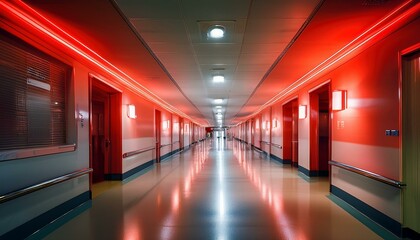 Fototapeta premium A red light illuminates a hospital corridor, signaling an emergency. The hallway is blurred in the background, highlighting the urgency of the situation.