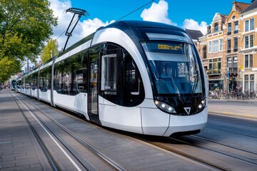 A modern electric tram traveling through a city, representing efficient and sustainable public transportation