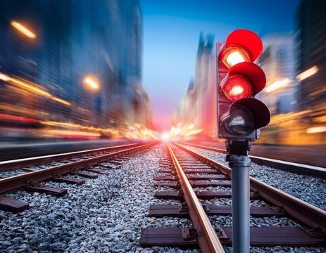 A red signal light on a railway track with blurred city lights in the background.