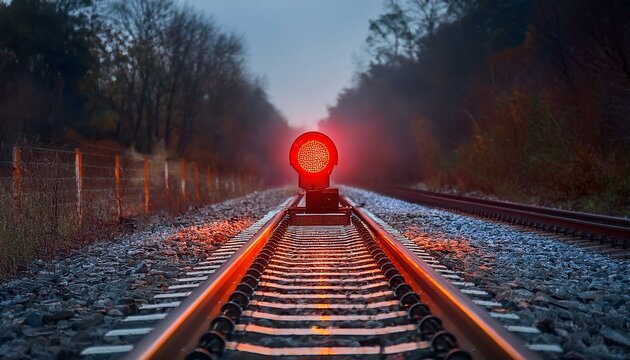 A red signal light stands out on a railway track in a dimly lit environment. The light signals danger and caution.
