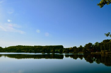 river landscape with reflection of trees on the water blue clear sky