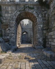     Stone arch entrance opening to cobblestone path picture