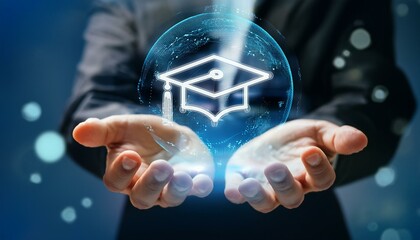 Education and e-learning concept image with hands holding a learning icon in the air , back to school background