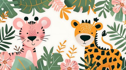 Cute Cartoon Tiger and Leopard in Jungle Illustration