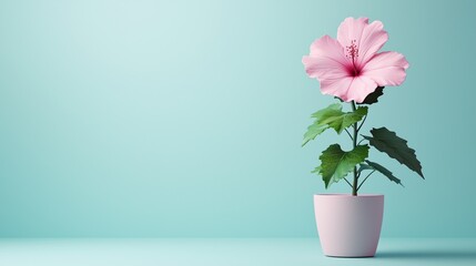A beautiful pink hibiscus flower in a white pot against a calming teal background, perfect for home decor and gardening themes.