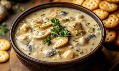 Creamy clam chowder in a brown bowl with crackers.