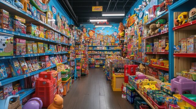 Close up of a toy store with tall shelves filled with brightly colored toys. Ai generated image