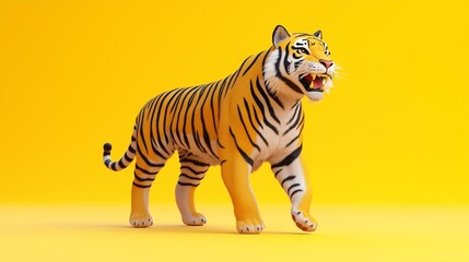 Obraz premium A vibrant orange tiger walking confidently against a bright yellow background, showcasing its majestic stripes and fierce expression.