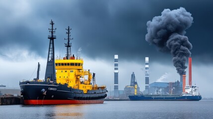 Fototapeta premium Industrial Ship Pollution with Black Smoke from Chimney