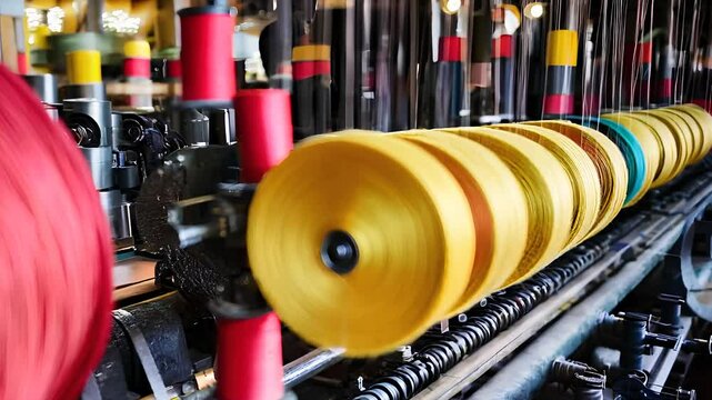  Industrial textile spinning machine with colorful spools of thread in a fabric manufacturing process inside a factory