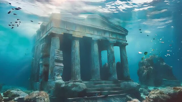  Ancient underwater temple ruins with sunlight streaming through the water surrounded by fish in a submerged mysterious landscape