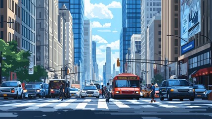 Fototapeta premium Busy city street during rush hour, filled with cars, buses, and pedestrians crossing in a bustling urban environment, with skyscrapers in the background.